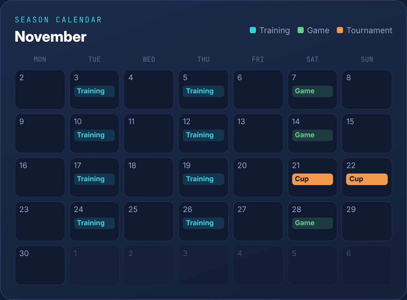 Season calendar — training, games and tournaments