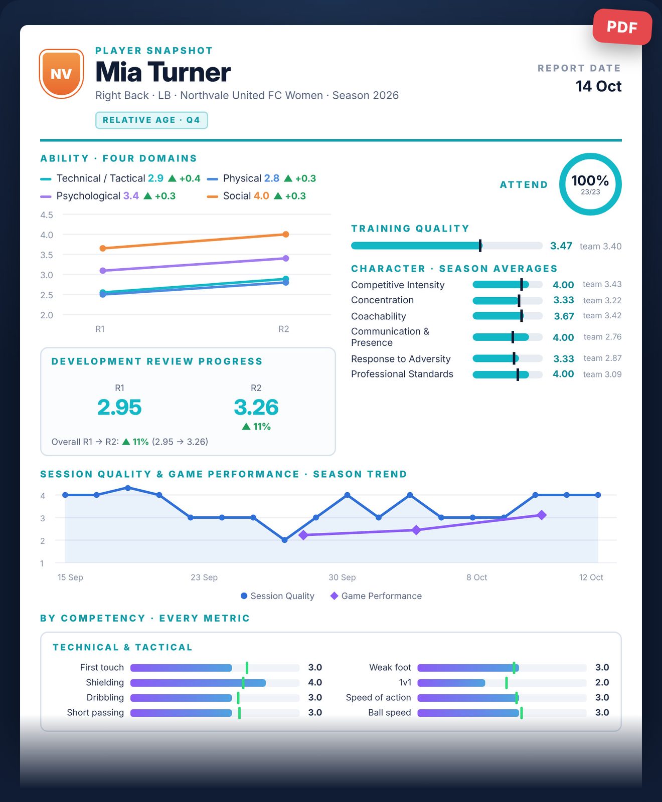 A player's development report — ability, character and session trends on one page